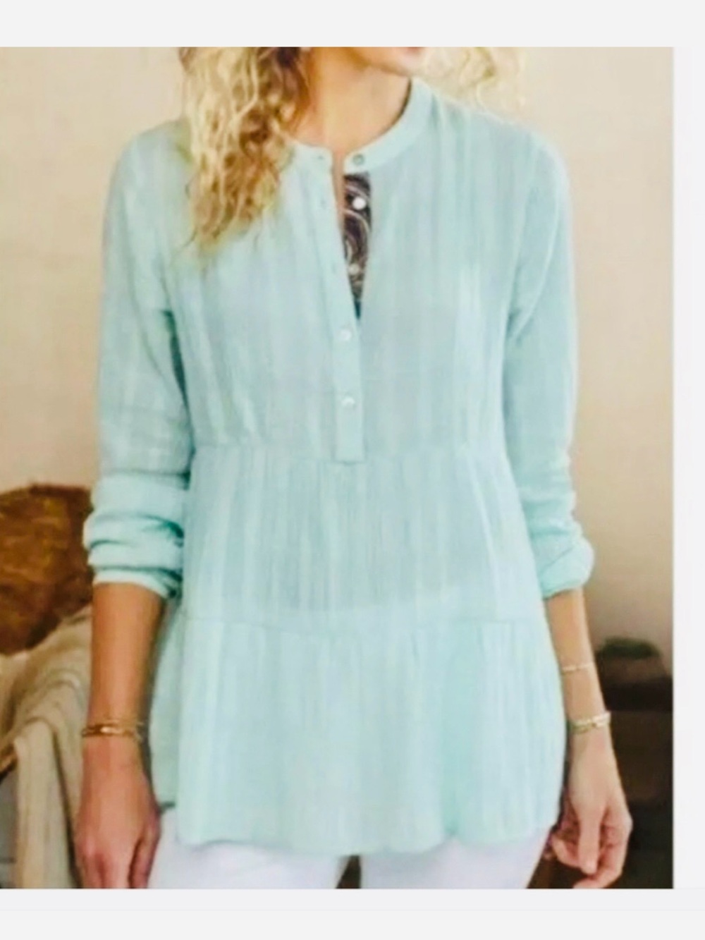 Soft Surroundings Gloria Gauze Henley Tunic Top Green Boho Size Small